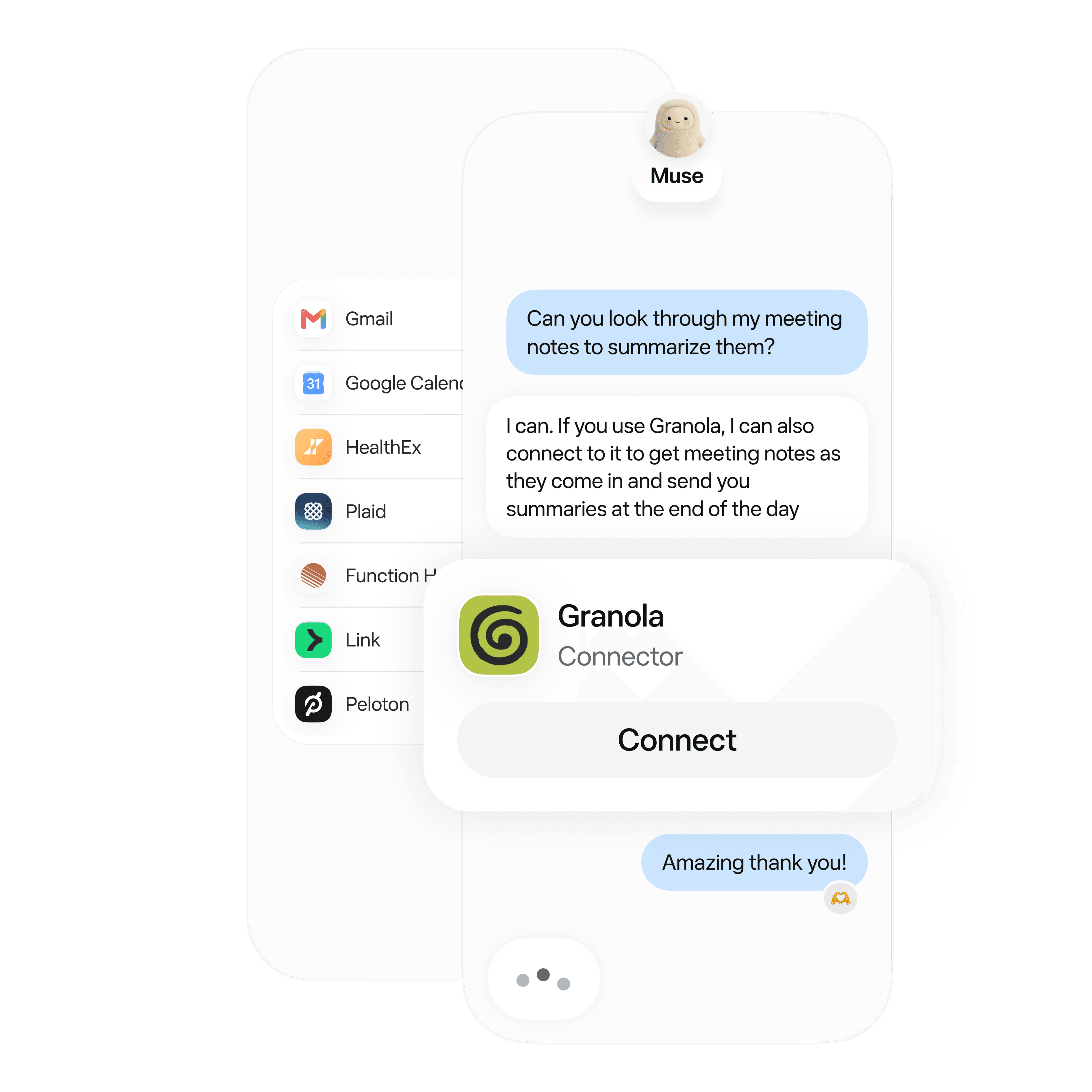 Muse connecting Gmail alongside a list of available connectors and a conversation